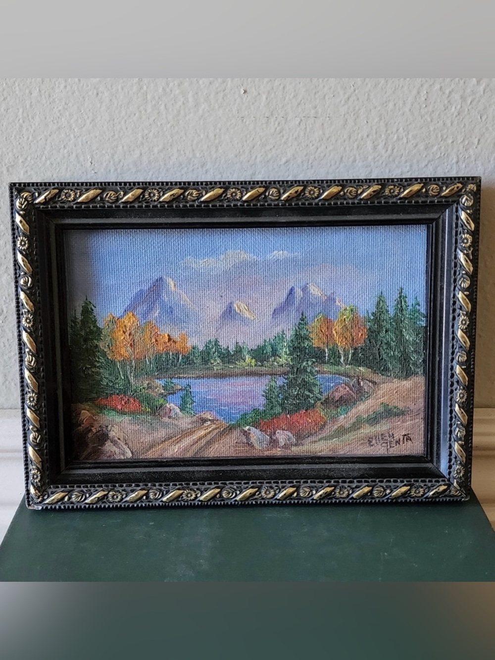 Vintage original signed oil painting mountains river landscape